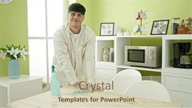  Presentation with room cleaning - Presentation theme having young-hispanic-man-smiling-confident background and a soft green colored foreground