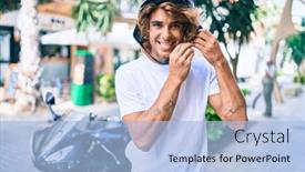  Presentation with moto - PPT theme with young-hispanic-man-smiling-happy background and a light blue colored foreground