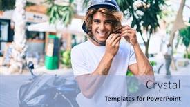  Presentation with moto - PPT theme having young-hispanic-man-smiling-happy background and a light blue colored foreground