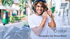  Presentation with moto - Slides having young-hispanic-man-smiling-happy background and a light blue colored foreground