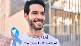  Presentation with blue ribbon - PPT layouts enhanced with young-hispanic-man-smiling-happy background and a sky blue colored foreground
