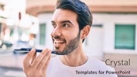  Presentation with audio - Slide deck with young-hispanic-man-smiling-happy background and a coral colored foreground