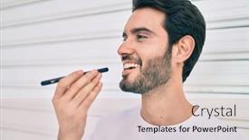  Presentation with audio - Slide set having young-hispanic-man-smiling-happy background and a coral colored foreground