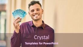  Presentation with banknotes - PPT theme having young-hispanic-man-smiling-happy background and a tawny brown colored foreground