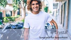  Presentation with moto - Beautiful slide deck featuring young-hispanic-man-smiling-happy backdrop and a light blue colored foreground