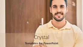  Presentation with man door - PPT theme consisting of young-hispanic-man-smiling-happy background and a coral colored foreground