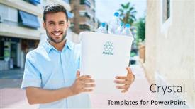  Presentation with plastic recycling - Slide set with young-hispanic-man-smiling-happy background and a soft green colored foreground