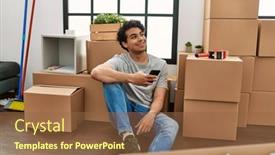  Presentation with new home - PPT theme enhanced with young-hispanic-man-smiling-happy background and a tawny brown colored foreground