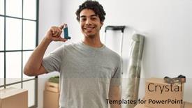  Presentation with inhaler - PPT theme having young-hispanic-man-smiling-happy background and a coral colored foreground