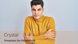  Presentation with winter blue - Slide set consisting of young-hispanic-man-standing-over background and a gold colored foreground