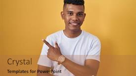  Presentation with finger - Slide deck having young-hispanic-man-standing-over background and a  colored foreground