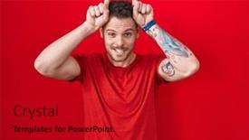  Presentation with finger - Theme having young-hispanic-man-standing-over background and a crimson colored foreground