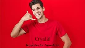  Presentation with red telephone - PPT theme having young-hispanic-man-standing-over background and a dark gray colored foreground