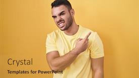  Presentation with forefinger - PPT theme enhanced with young-hispanic-man-standing-over background and a yellow colored foreground
