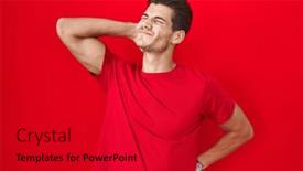  Presentation with injury - PPT theme featuring young-hispanic-man-standing-over background and a dark gray colored foreground