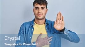  Presentation with hand palm - Presentation featuring young-hispanic-man-standing-over background and a teal colored foreground