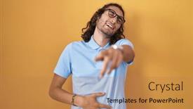  Presentation with shame - PPT theme having young-hispanic-man-standing-over background and a coral colored foreground