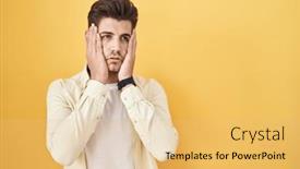  Presentation with sadness - PPT theme consisting of young-hispanic-man-standing-over background and a yellow colored foreground