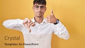 Presentation with conflict - Presentation theme consisting of young-hispanic-man-standing-over background and a yellow colored foreground