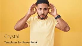  Presentation with deaf - Presentation design consisting of young-hispanic-man-standing-over background and a yellow colored foreground