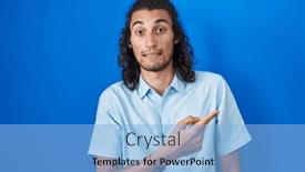  Presentation with forefinger - PPT theme having young-hispanic-man-standing-over background and a light blue colored foreground