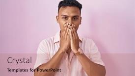  Presentation with scandal - Slide set consisting of young-hispanic-man-standing-over background and a coral colored foreground