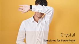  Presentation with sad - Slide set enhanced with young-hispanic-man-standing-over background and a yellow colored foreground