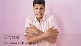  Presentation with sad - Slide set having young-hispanic-man-standing-over background and a coral colored foreground