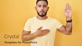  Presentation with chest - Slide deck enhanced with young-hispanic-man-standing-over background and a yellow colored foreground