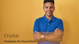  Presentation with yellow - Slides featuring young-hispanic-man-standing-over background and a gold colored foreground