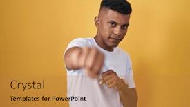  Presentation with violence - PPT theme having young-hispanic-man-standing-over background and a gold colored foreground