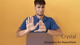  Presentation with forbidden - PPT theme having young-hispanic-man-standing-over background and a coral colored foreground