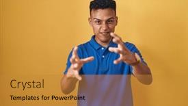  Presentation with yelling - Presentation theme featuring young-hispanic-man-standing-over background and a gold colored foreground