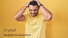  Presentation with migraine - Slide deck consisting of young-hispanic-man-standing-over background and a yellow colored foreground