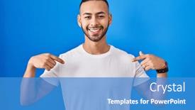  Presentation with happy sad face man - Presentation theme consisting of young-hispanic-man-standing-over background and a teal colored foreground