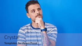  Presentation with question - Presentation having young-hispanic-man-standing-over and a light blue colored foreground