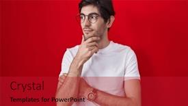  Presentation with thinking - Presentation theme having young-hispanic-man-standing-over and a crimson colored foreground