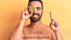  Presentation with kiwi - Audience pleasing presentation design consisting of young-hispanic-man-standing-shirtless backdrop and a coral colored foreground