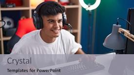  Presentation with computer room - PPT layouts having young-hispanic-man-streamer-playing background and a light gray colored foreground