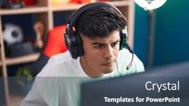  Presentation with computer room - PPT layouts with young-hispanic-man-streamer-playing background and a ocean colored foreground