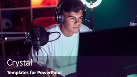  Presentation with computer room - Presentation design consisting of young-hispanic-man-streamer-playing background and a wine colored foreground