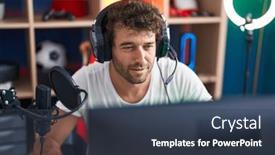  Presentation with computer music - Slide deck with young-hispanic-man-streamer-playing background and a tawny brown colored foreground