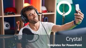  Presentation with music studio - Slides featuring young-hispanic-man-streamer-smiling background and a ocean colored foreground