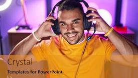  Presentation with streamer - Slide set having young-hispanic-man-streamer-smiling background and a gold colored foreground