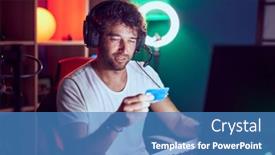  Presentation with computer music - Presentation design featuring young-hispanic-man-streamer-smiling background and a teal colored foreground