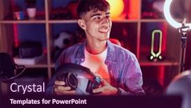  Presentation with gaming - Presentation design featuring young-hispanic-man-streamer-smiling background and a wine colored foreground