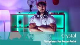  Presentation with streamer - PPT theme featuring young-hispanic-man-streamer-standing background and a teal colored foreground
