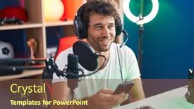  Presentation with computer music - Presentation theme consisting of young-hispanic-man-streamer-using background and a tawny brown colored foreground