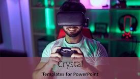  Presentation with streamer - Presentation theme consisting of young-hispanic-man-streamer-using background and a violet colored foreground