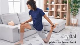  Presentation with stretching - Slide deck having young-hispanic-man-stretching-leg background and a light gray colored foreground